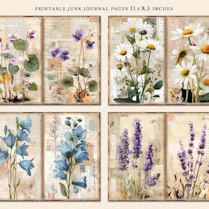May include: Four printable junk journal pages featuring vintage botanical illustrations of flowers. The pages are 11 x 8.5 inches and feature a variety of flowers, including violets, daisies, bluebells, and lavender.