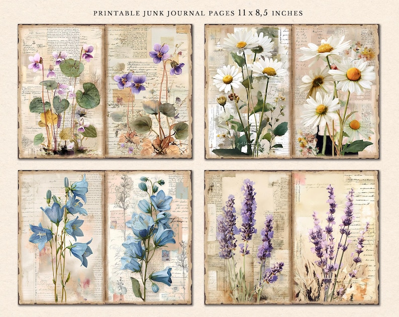 May include: Four printable junk journal pages featuring vintage botanical illustrations of flowers. The pages are 11 x 8.5 inches and feature a variety of flowers, including violets, daisies, bluebells, and lavender.