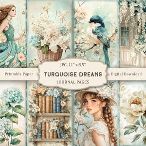 Kit diario spazzatura Turquoise Dreams-1, pagine stampabili di fiori, carta per scrapbooking verde, carta per collage fantasy, effimeri vintage