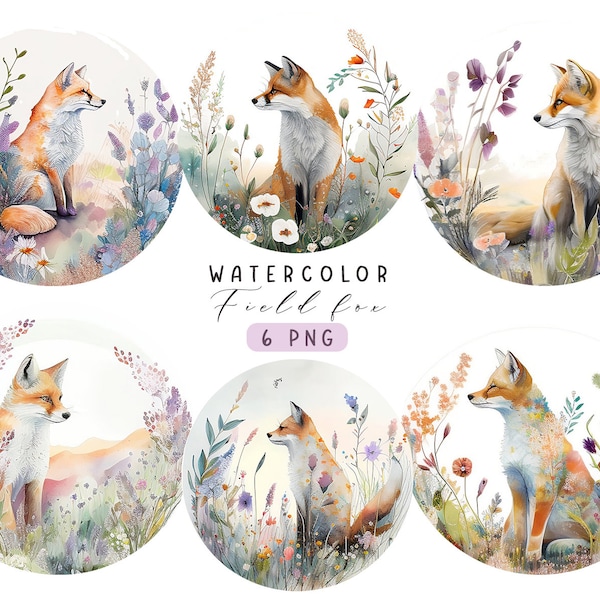 Cute illustration fox in wildflowers, Fox watercolor clipart, Fox in flowers, Fox decor, Fox with flowers png, Flower meadow, Baby clipart