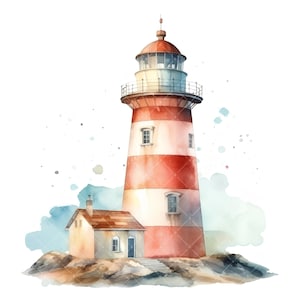 Puede incluir: Acuarela de un faro de rayas rojas y blancas con una peque&ntilde;a casa blanca a su lado. El faro tiene un techo blanco y una barandilla negra. La casa tiene un techo marr&oacute;n y una puerta blanca. El fondo es una acuarela azul claro.