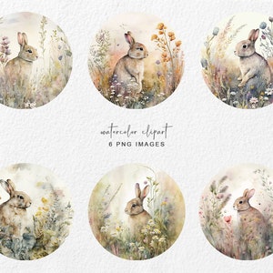 May include: Six watercolor illustrations of rabbits in a field of wildflowers. Each illustration features a different rabbit pose and floral arrangement. The illustrations are perfect for adding a touch of whimsy to your projects.