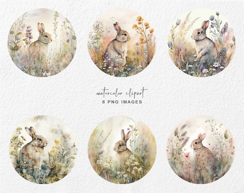 May include: Six watercolor illustrations of rabbits in a field of wildflowers. Each illustration features a different rabbit pose and floral arrangement. The illustrations are perfect for adding a touch of whimsy to your projects.