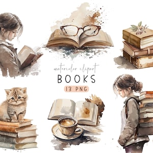 Clipart di libri ad acquerello, Clipart di libri vintage, Caffè dei libri, Immagini di libri antichi, Agenda digitale, Agenda con adesivi