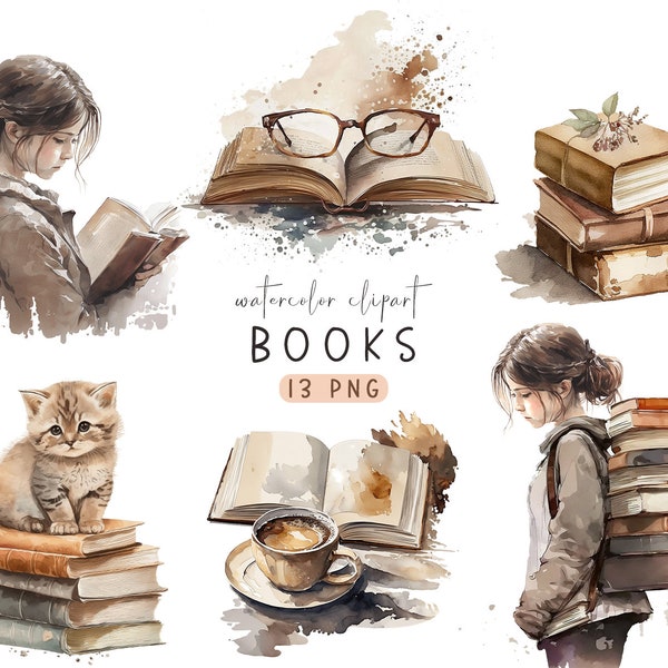 Bücher Aquarell Clipart, Vintage Buch Clipart, Buch Café, alte Buchbilder, digitaler Planer, Aufkleber Planer