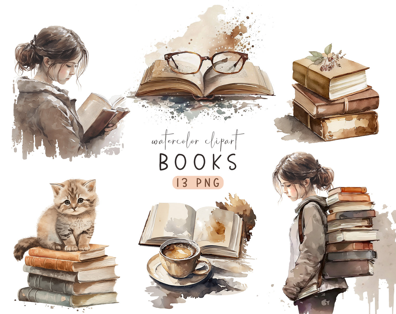 Books Watercolor Clipart, Vintage Book Clipart, Book Cafe, Old Book