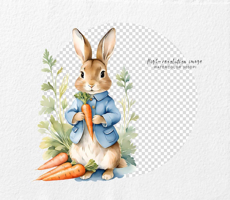 May include: A watercolor illustration of a brown rabbit wearing a blue jacket and holding a carrot. The rabbit is surrounded by green foliage.
