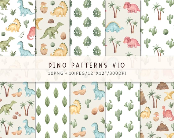 Watercolor Patterns with Dinosaurs, Dinosaur Patterns, Patterns for fabric, Baby Shower, Seamless Patterns, Digital Paper,Birthday Dinosaurs