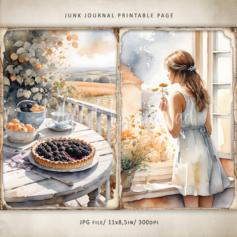 May include: A watercolor painting of a girl in a white dress standing by a window, looking out at a field of flowers. The window is open and there is a view of a field of wheat in the distance. The girl is holding a bouquet of yellow flowers. The painting is in a rustic style and has a vintage feel.