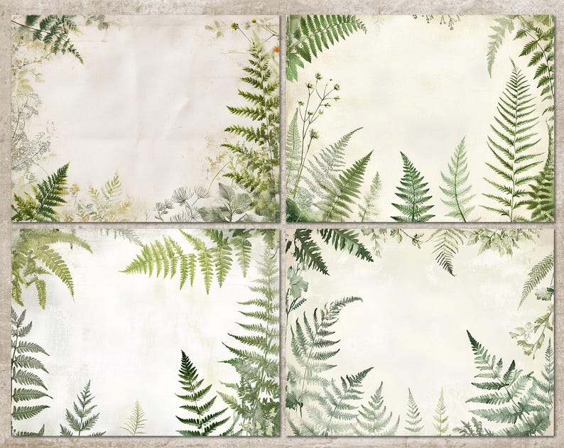 May include: Four square images with a vintage aesthetic. Each features a cream-colored background with green fern and foliage illustrations around the edges. The ferns vary in size and detail, creating a natural, botanical theme.