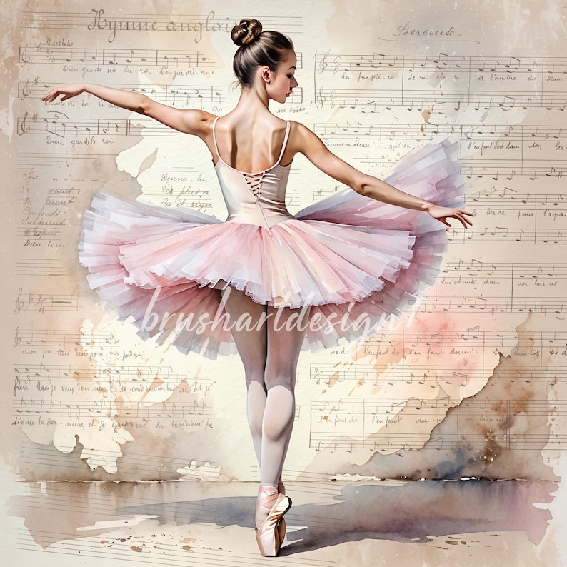 Puede incluir: Una bailarina con un tut&uacute; rosa se encuentra en un escenario con un fondo de partituras musicales descoloridas. La m&uacute;sica est&aacute; en franc&eacute;s e incluye las palabras "Berceuse" e "Hymne Anglois".