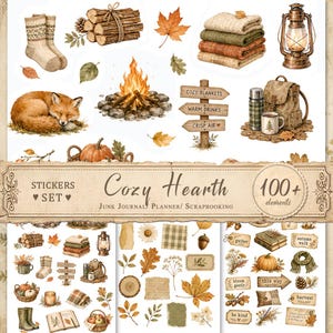 May include: A collection of autumn-themed stickers featuring a sleeping fox, a campfire, stacked blankets, a lantern, a backpack, a thermos, a pumpkin, wooden signs with text, and various fall leaves, acorns, and cosy accessories for scrapbooking.