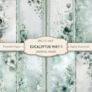 Eucalyptus mist-1 skräpjournalsidor, botaniskt scrapbookingpapper, collageark, vintage efemera