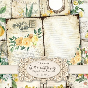 Pagine di diario a righe, carta di diario di rottami vintage, pagine stampabili sfilacciate, carta di fiori gialli vintage, fogli di collage di rose, carta gialla