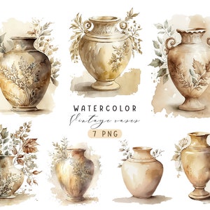 Imágenes prediseñadas de jarrones vintage, jarrones orientales de acuarela, jarrones PNG, imágenes prediseñadas de jarrones antiguos, impresión digital, uso comercial