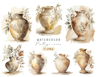 May include: Seven watercolor illustrations of vintage vases with floral designs. The vases are in shades of brown and beige, and the flowers are in shades of green and brown. The illustrations are on a white background.