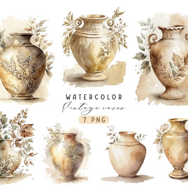 Vintage Vases Clipart, Watercolor Oriental Vases, Flower Vase PNG, Old Vases Clipart, Digital Printing, Commercial Use