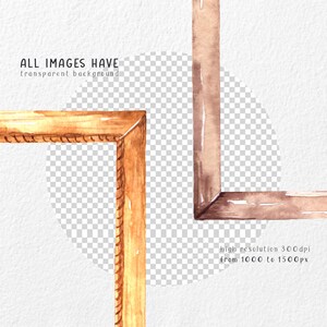 May include: Two watercolor illustrations of wooden picture frames with a transparent background. The frames are in different orientations and have a brown and gold color scheme.  All images have transparent backgrounds. High resolution 300dpi from 1000 to 1500px.
