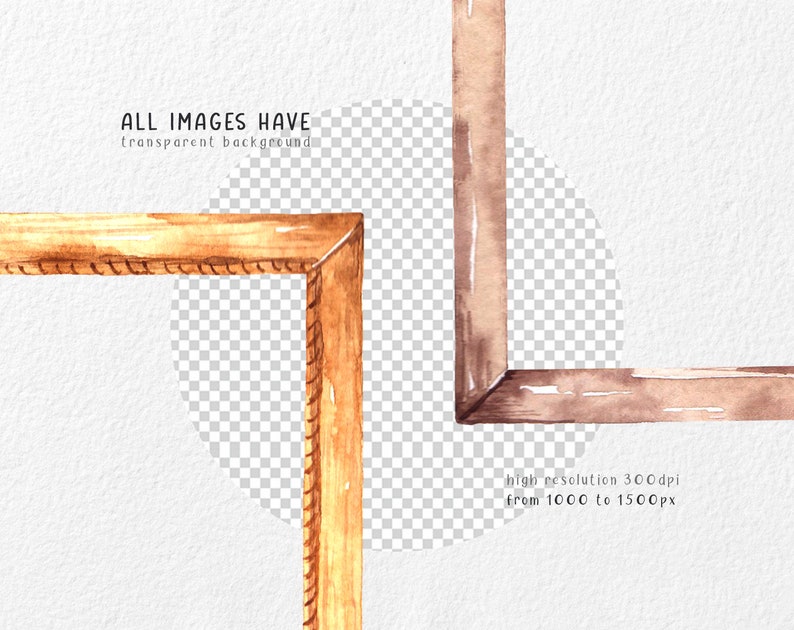 May include: Two watercolor illustrations of wooden picture frames with a transparent background. The frames are in different orientations and have a brown and gold color scheme.  All images have transparent backgrounds. High resolution 300dpi from 1000 to 1500px.