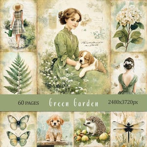 Papel de jardín verde, páginas de diario basura, scrapbooking botánico, efímeras de cabañas, 60 páginas, JPC, PDF