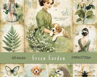 Green Garden Paper, Junk Journal Pages, Botanical Scrapbooking, Cottage Ephemera, 60 Pages, JPC, PDF