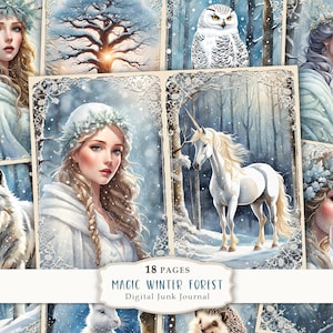 Floresta mágica de inverno - Diário de lixo de 18 páginas, Kit de diário de floresta de inverno, Papel para scrapbooking de floresta de inverno, Página de floresta, Folha de colagem digital