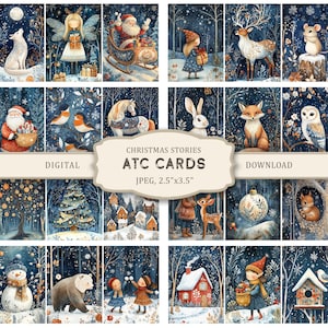 Op de afbeelding: Een verzameling digitale Christmas Stories ATC-kaarten met feestelijke illustraties van de Kerstman, bosdieren, kinderen en wintertaferelen. De kaarten zijn voorzien van de tekst CHRISTMAS STORIES ATC CARDS JPEG, 6,35 cm x 8,89 cm.
