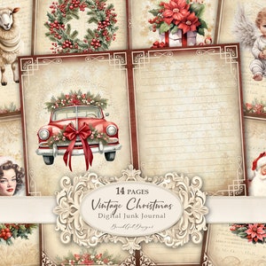 Kit de carnet de notes de Noël, pages de carnet vintage, pages rétro, joyeux Noël, scène du père Noël, pages de carnet de Noël lignées, feuille de collage