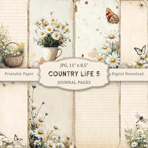 Può includere: Una collezione di pagine di diario stampabili con un'estetica vintage. Le pagine presentano illustrazioni floreali di margherite, farfalle e libellule. Il testo "COUNTRY LIFE 5 JOURNAL PAGES" è visualizzato su uno striscione. Formato carta: 27,9 cm x 21,6 cm.