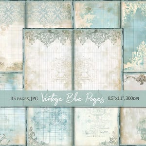 Páginas azules vintage imprimibles, páginas azules básicas, papel azul para álbumes de recortes, papel shabby chic para álbumes de recortes, papel azul para scrapbooking, descarga digital