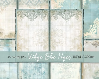 May include: 35 digital paper pages in a vintage blue and white design with a distressed look. The pages are 8.5 inches by 11 inches and 300 DPI.  The text "Vintage Blue Pages" is in the center of the image.