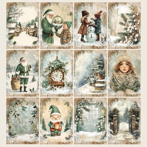 May include: A collection of twelve vintage-style Christmas-themed illustrations. The images feature scenes of Santa Claus, children, snow-covered landscapes, and festive decorations. The color palette includes soft greens, browns, and whites, evoking a nostalgic holiday feel.