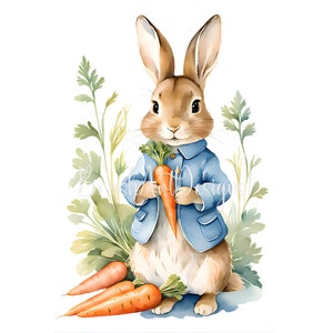 12 Peter Rabbit & carrot Clipart, Beatrix Potter Style, Watercolor Bunny clipart JPG, Spring clipart, DIY Card Making, Paper Craft, Digital