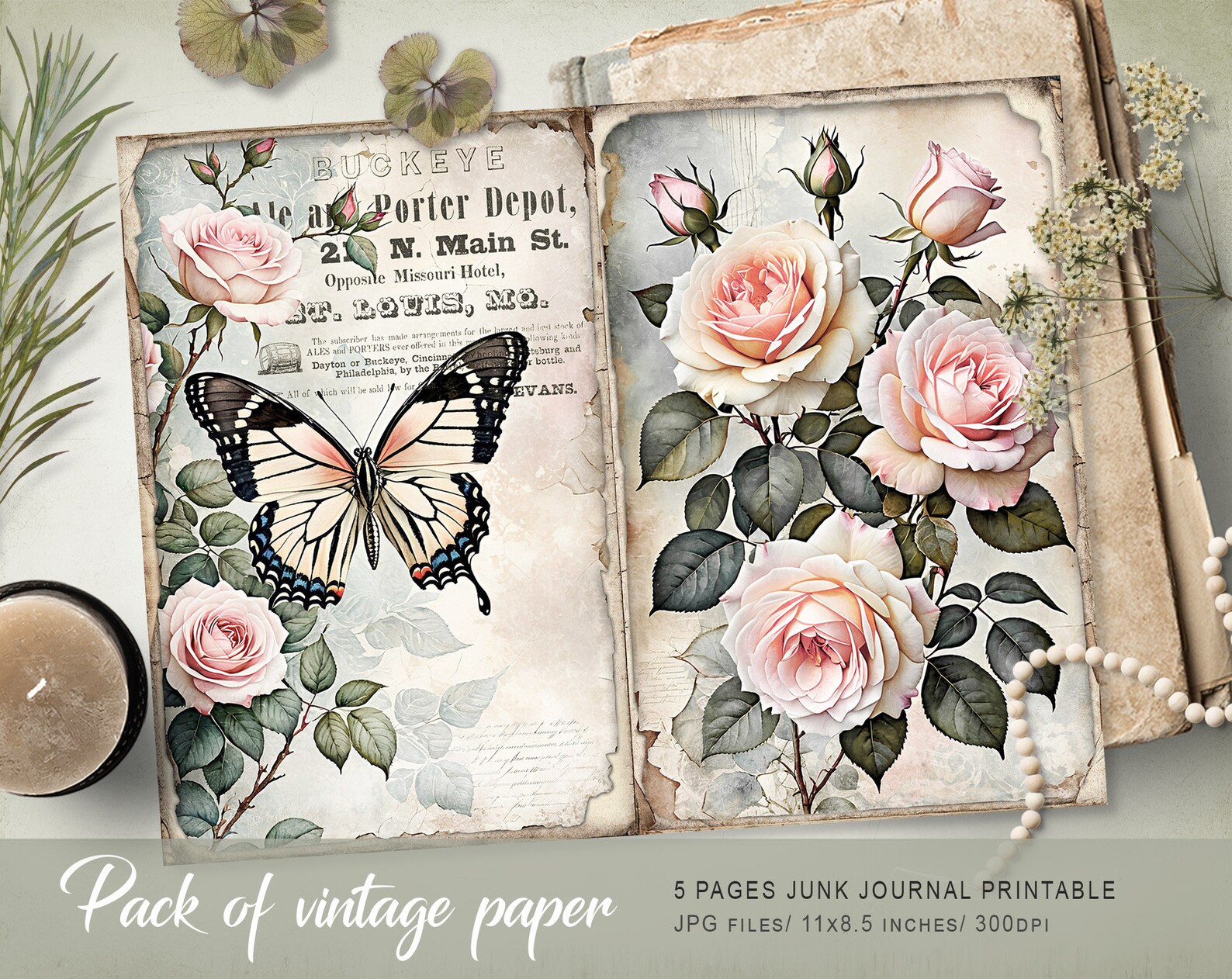 Shabby Chic Roses-1 Junk Journal Kit, Floral Shabby Chic Roses Pages ...