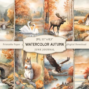 Watercolor Autumn-2 Junk Journal Kit, Autumn Animals Printable Pages, Autumn Landscapes Printable Pages, Fall Scrapbook Paper, Collage Sheet
