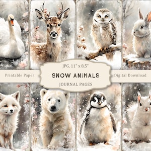 Páginas de diario de animales de nieve, kit de animales navideños, papel de álbum de recortes de animales de invierno, collage imprimible navideño, material efímero de invierno
