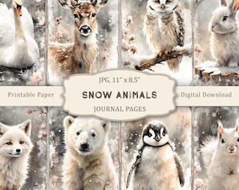 Snow Animals Junk Journal Pages, Christmas Animals Kit, Winter Animals Scrapbook Paper, Christmas Printable Collage, Winter Ephemera