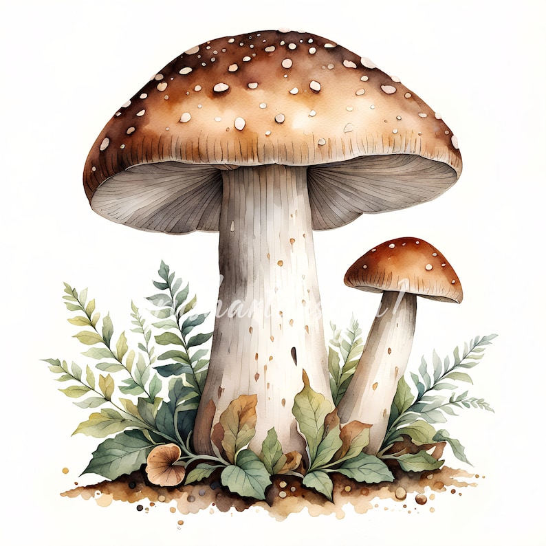 May include: Watercolor painting of two mushrooms with brown caps and white stems. The larger mushroom has white spots on its cap. The mushrooms are surrounded by green leaves and brown dirt.