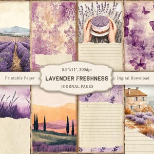 以下が含まれることがあります： Lavender Freshnessと題されたデジタルジャーナルページのコレクションで、サイズは21.59cm x 27.94cmです。ラベンダー畑、紫のダマスク柄、ケーキ、蝶、石造りの家が描かれており、全体的に紫とクリームの色調で構成されています。