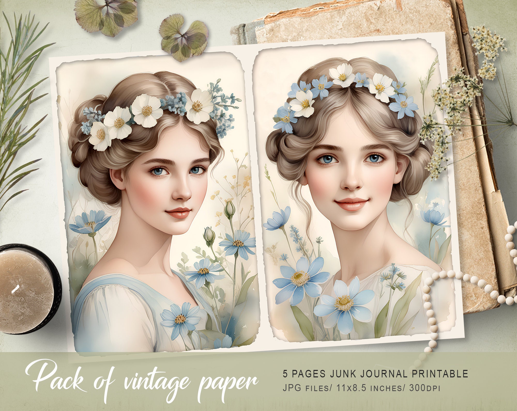 Blue & Ivory #2 Victorian Junk Journal Kit – Floral Collage (digital ...