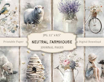 Neutral Farmhouse #2 Junk Journal Kit, Watercolor Farm Printable Pages, Scrapbooking Paper, Collage Sheets, Digital