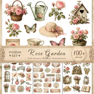 Może przedstawiać: Cyfrowy zestaw naklejek zatytułowany Rose Garden zawierający ponad 100 elementów, w tym ilustracje różowych róż, wiklinowego kosza, konewki, budki dla ptaków, motyli, słomkowego kapelusza, filiżanki oraz różnych etykiet o tematyce ogrodowej.