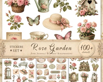 May include: A digital sticker set titled Rose Garden featuring over 100 elements including illustrations of pink roses, a wicker basket, a watering can, a birdhouse, butterflies, a straw hat, a teacup, and various garden-themed labels and tags.
