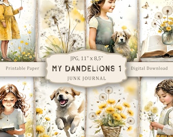 My Dandelions-1 Junk Journal Pages, Watercolor Flowers Scrapbooking Paper, Vintage Ephemera, Digital Download