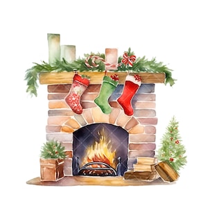 Camino di Natale - 12JPG, clipart caminetto, clipart natalizia, clipart acquerello, pianificatore digitale, creazione di cartoline, arte della parete, diari yunk