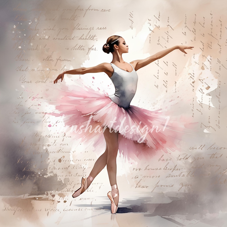Puede incluir: Una pintura de acuarela de una bailarina con un tut&uacute; rosa, sobre un fondo blanco con texto escrito a mano. La bailarina est&aacute; en el aire, con los brazos extendidos y las piernas en una pose elegante.