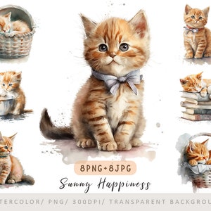 Clipart de gatinhos vermelhos, clipart de gatinhos aquarela fofos, retrato de gato, decoração de fazenda, presente para ela, adesivos de planejador, impressão digital