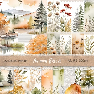 Conjunto de papel para scrapbooking de outono, papel para impressão de outono, páginas de diário de outono em aquarela, folhas de colagem de outono, itens efêmeros de outono, download digital