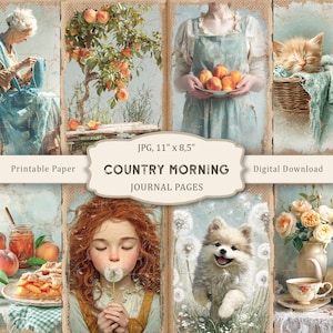 Country Morning-5 Junk Journal, Bauernhof Junk Journal, Tiere druckbare Seiten, Sommer Seiten, Rustikales Papier Scrapbooking, Vintage Ephemera