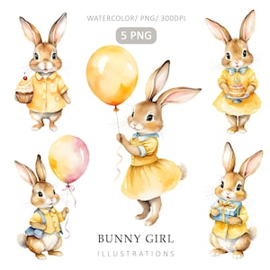 Cottontail Rabbit-2 Cliparts PNG, Bunny Girl, Beatrix Potter-Stil, Peter Rabbits Schwester, Aquarell Geburtstag Clipart, Kartenherstellung, Papierhandwerk